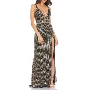 Mac Duggal 5232 Black Gold Sequin Striped Plunging Neckline High Slit Gown Sz 4